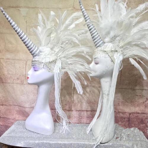 Ballroom dance costumes women sexy dj singer wears Unicorn headwear feather catwalk stage show model capricorn headdress