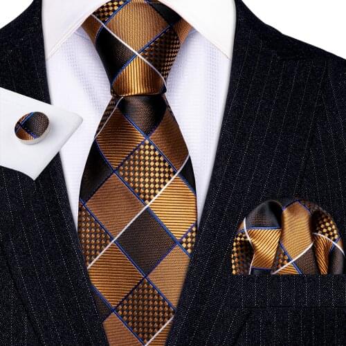 Fashion Luxury Gold Plaid 100% Silk Ties Gifts For Men Suit Wedding Barry.Wang NeckTies Hanky Sets Groom Business LN-5286