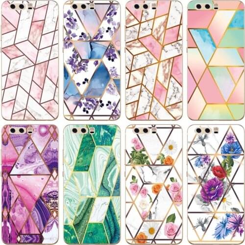 Soft Phone Case for Huawei P10 5.1" Funda Glossy Colorful Flower Silicone Phone Back Cover Geometric Marble Shell