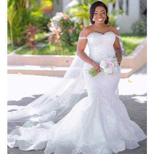 MYYBLE 2022 Plus Size Crystal Off the Shoulder Mermaid Bridal Dresses Vintage Tulle Lace Appliques Country Africa Wedding Gowns