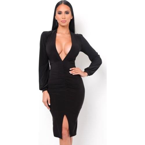 2021 Autumn New Sexy V-Neck Long-Sleeved Ruffled Dress European and American Solid Color Front Slit Mid-Skirt