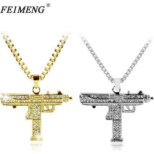 Hip Hop Uzi Gun Necklace Charm Gold Silver Color Crystal Pistol Pendant Necklace For Women And Mens Fashion Jewelry Accessories
