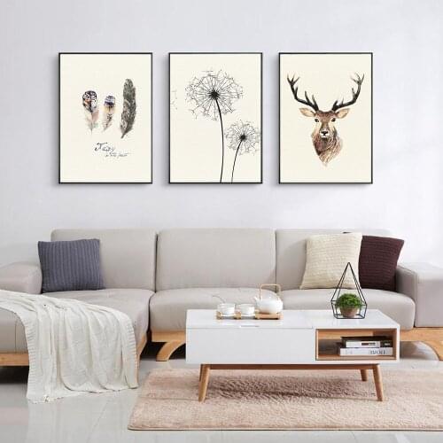 Simple Nordic Wall Art Dandelion Poster Feather and Deer Self Adhesive Wall Stickers Decor for Home Waterproof