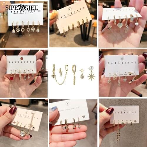 SIPENGJEL Fine 6 Pcs Small Hoop Earrings Set Pearl Flower Leaf Accessories Dangle Drop Earrings For Women Set Jewelry Wholesale