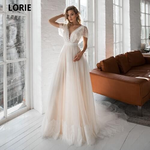 LORIE Cap Sleeve Boho Wedding Dresses Lace Appliques Champagne Dot Tulle Bride Gowns V-neck Backless Beach Wedding Party Gowns