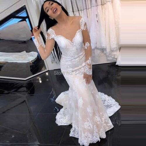 Gorgeous Champagne Wedding Dresses Lace Applique Mermaid Bride Dress Long Sleeves Illusion V Neck Bridal Gown 2020 robe de marie