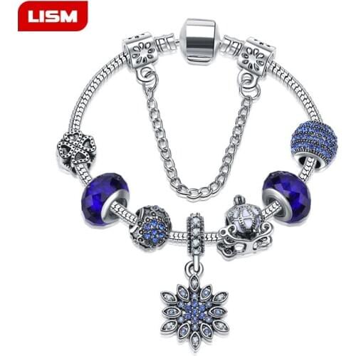 High quality DIY Snow blue crystal beads Charm Pand Bracelets Bangles Luxury Famous Brand Women Jewelry