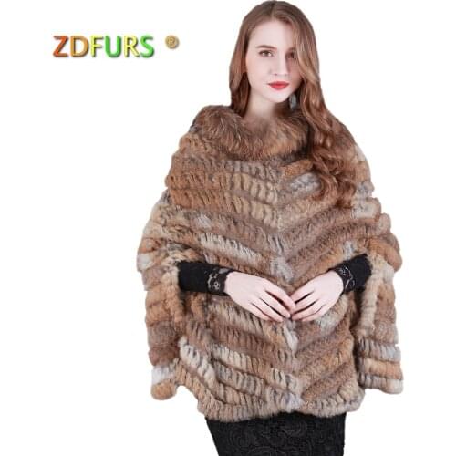 ZDFURS * new fashion real knited rabbit fur Shawl poncho stole shrug cape robe tippet amice wrap raccoon fur collar
