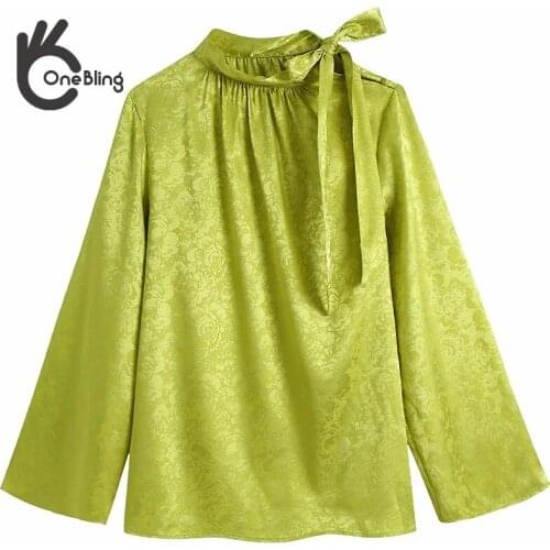 OneBling 2021 Za Woman Casual Traf Tops Thin Style Summer Autumn Tie Neck Long Sleeve Blusas Shirt Dobby Green Blouses Female