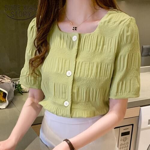 2020 Summer New Korean Style All-match Square Collar Slim Short-Height Short Sleeve Bubble Chiffon Blouse Womens Shirts 9365