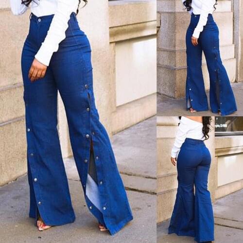 Womens High Waist Loose Jeans Button Pants Trousers Bell-bottom Pants zipper denim pocket Ladies jeans
