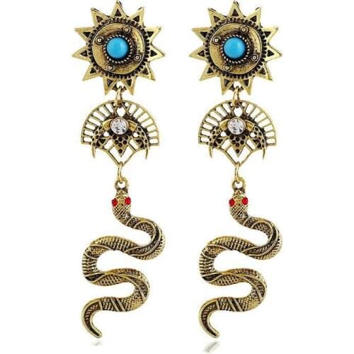 Retro Vintage Ethnic Snake Earrings for Women Alloy Wheels Long Earrings Acrylic Crystal Stud Earring Cool Jewelry Duftgold