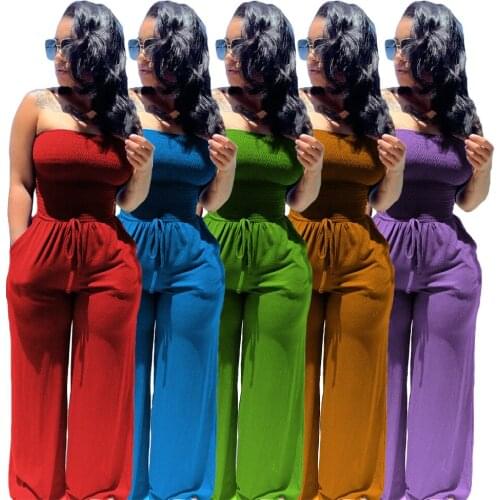 2021 Autumn Sexy Women Strap Jumpsuits Sleeveless Off Shoulder Casual Solid Slimming Waist Loose Wide Leg Rompers 5 Colors