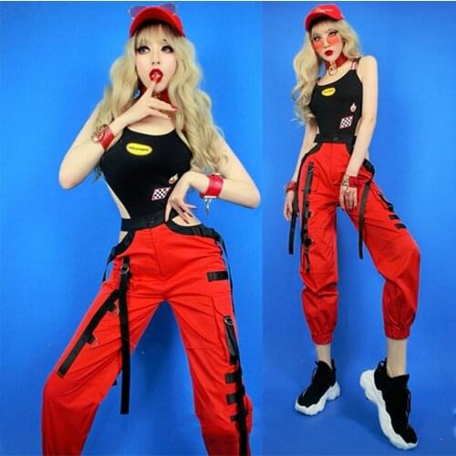 Sexy Jazz Women Hip Hop Dance Costume DJ Ds Gogo Dancer Outfit Hollow Out Red Pants Hiphop Suit Rave Modern Dance Wear DNV14454