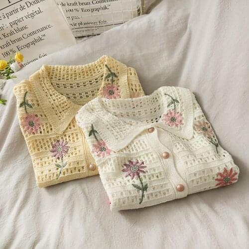 Sweet flower embroidery hollow thin sweater women 2021 autumn single-breasted cardigan lapel sweater trend