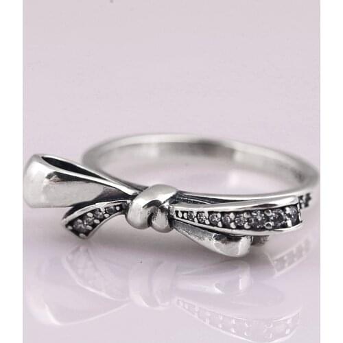Original Brilliant Bow With Crystal Rings For Women 925 Sterling Silver Ring Wedding Party Gift Europe Jewelry