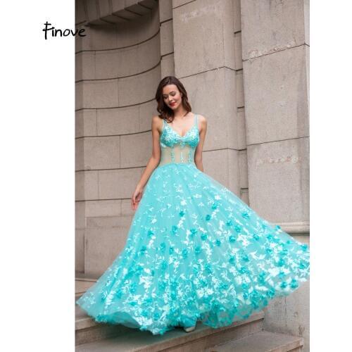 Finove Prom Dress 2020 Long New Tulle Floral Appliques Sexy See Through V Neck Party Woman Dress vestido de fiesta Plus Size