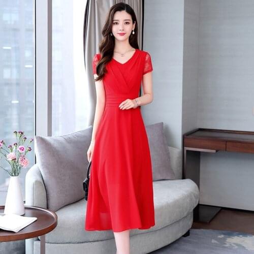 Women Dress Chiffon Gauze Zipper Short Sleeve V-neck Long A-line Black Red Pink Vestido Ropa Mujer Sukienka Plus Size 1359
