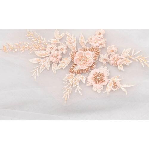 2 Pieces Elegant 3D Flower Embroidery Lace Trims Beaded Lace Applique Wedding Dress Lace Fabric DIY Sewing Crafts 28x16.5cm