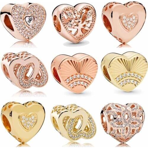 Rose Gold Entwined Radiant Heraldic Family Tree Love Heart Shell Shape 925 Sterling Silver Bead Fit Europe Bracelet DIY Jewelry