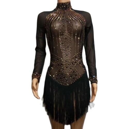 Black Tassel Sparkling Rhinestones Women Mini Dresses Long Sleeve Net Yarn See Through Dresses Party Show Performance Stage Wear