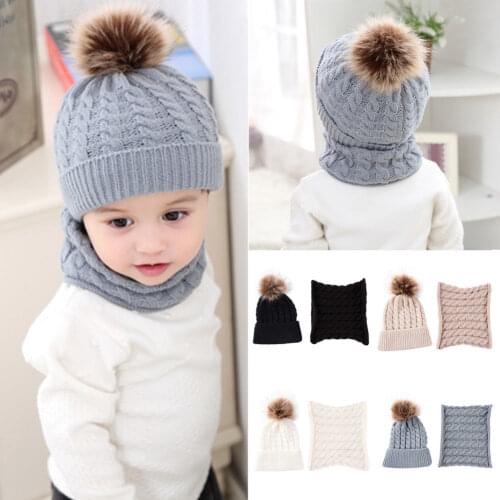 Citgeett 2Pcs Cute Kid Girl Boy Baby Infant Winter Warm Crochet Knit Hat Beanie Cap+Scarf Solid Set