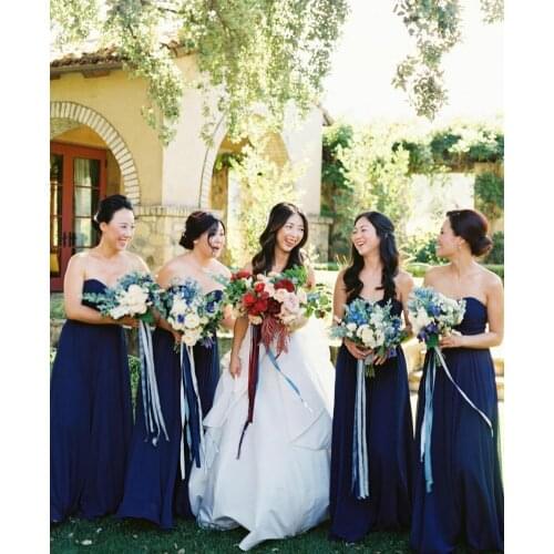 Elegant A-Line Long Navy Blue Chiffon Bridesmaid Dresses with Pockets Custom Pleated Lace Up Back Formal Wedding Party Dresses