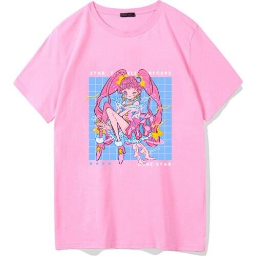 Japan Anime Graphic Print T-shirt Women Tee Harajuku Aesthetic Pink Top Casual Tshirt 2021 New Summer Fashion Y2k Female T Shirt