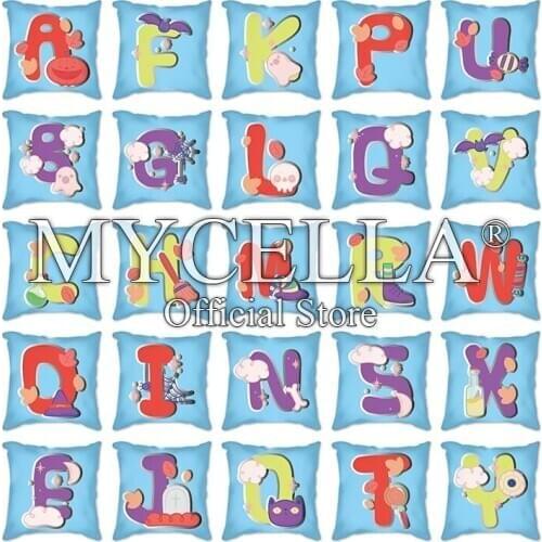 Cute colorful cartoon English Alphabet Print Cushion Cover light blue Polyester Pillowcase Sofa Chair Decorative Pillows Covers