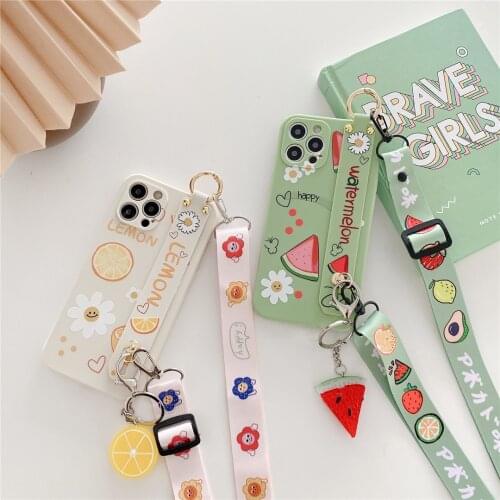 Fashion Lemon Watermelon Pineapple Strawberry Wristband Phone Case For iPhone 12 mini 11 Pro X XS Max XR 7 8 Plus Cover Capa