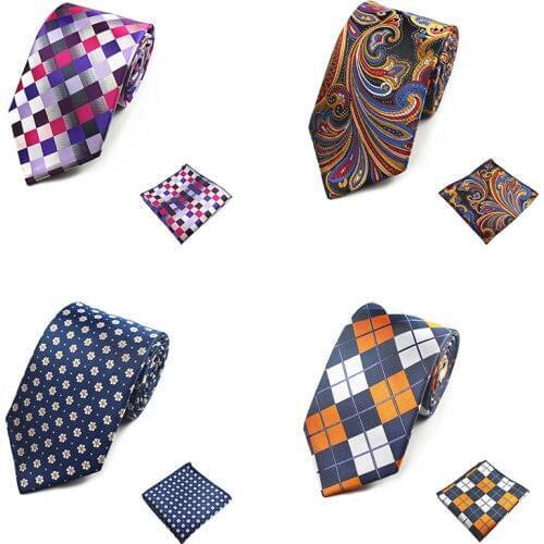New Arrivel 8cm Tie Men Hanky Handkerchief And Necktie Silk Tie Set Man Corbatas Hombre Floral Plaid Wedding Tie Cravate Homme
