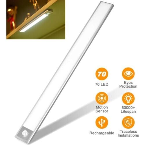 40cm Motion Sensor Night Light 70 LED Sensor Closet Light USB Rechargeable Under Cabinet Light For Wardrobe Kitchen Auto/on/off