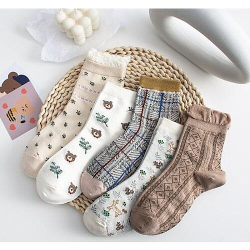 5 Pairs Socks Ruffles Autumn Squirrel Cotton Design High Quality Kawaii Lolita Seersucker Edge Style Girl Womens Socks Cute Set