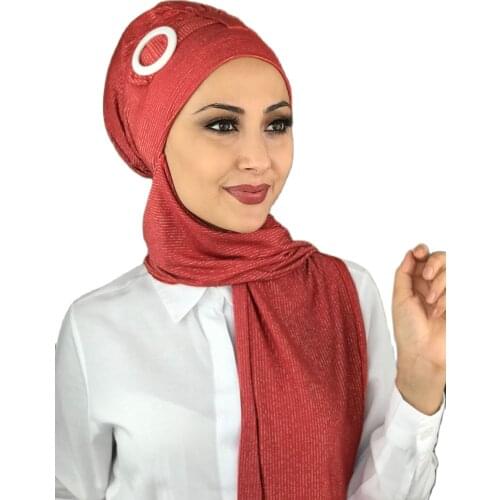 New Islamic Fashion Muslim Hijab Lady 2021 Trend Single Size Beanie Ready Shawl Scarf Buckle Pomegranate Flower Color Buckled Horsehair bone