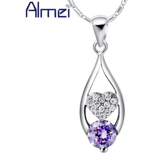 Almei 5%Off Purple/White Rhinestone Cubic Zirconia Heart Necklaces and Pendants for Women Girls Gift Water Drop Collares N667