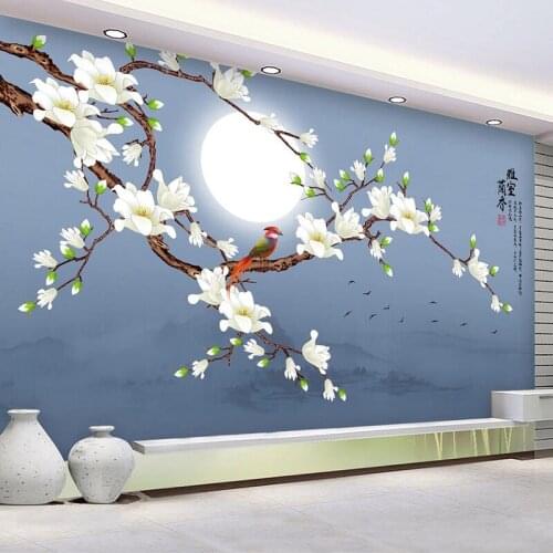 Custom 3D Photo Wallpaper White Magnolia Flowers Birds Moon Large Mural Chinese Style Study Living Room TV Background Wall Art