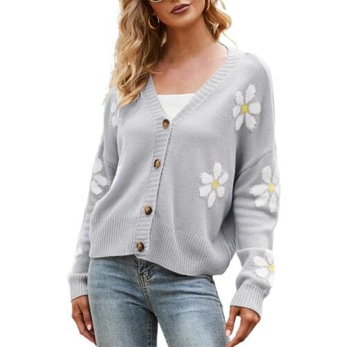 Casual Womens Little Daisys Sweater Cardigan Top, Casual Long Sleeve V Neck Floral Print Loose Knit Lossen Coat for Daily Wear
