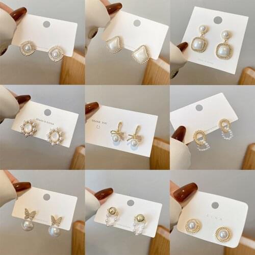 Inlaid Pearl Bow-Knot Stud Earrings Square White Rhinestone Silver Earrings Round Ear Studs Earrings Women Girl Gift For Friends