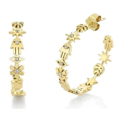 Lucky Sign Symbol Evil Eye Hand Flower Star Cute Charm Link Circle Gold Hoop Earring For Women