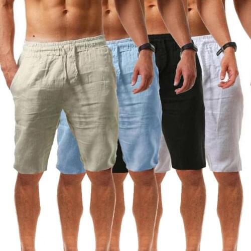 Summer Men Shorts Solid Color Breathable Cotton Linen Drawstring Mid Rise Short Pants Knee-length Beach Shorts Men Sweatpants