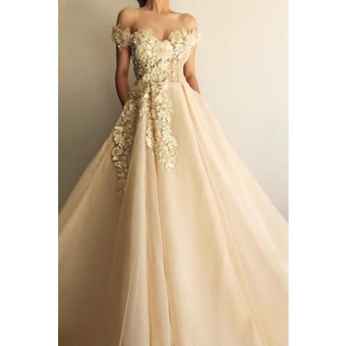 Sexy Champagne Evening Party Gowns Vestidos de festa Fashion 3D Flower Tulle Formal Ball Gown Quinceanera Dresses Hot Sale