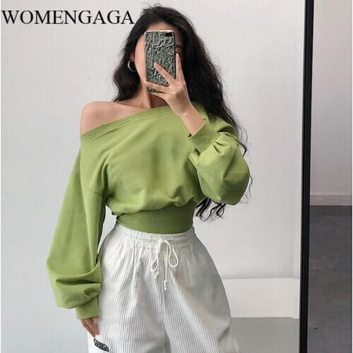 WOMENGAGA Sexy Off-shoulder Loose Slim High Waist Full Sleeve Puff Sleeve Solid Color Sweatshirt Irregular Top SAGU