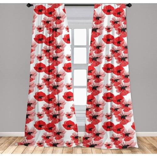 Vermilion White Floral Curtains Poppies Retro Halftone Effect Fertility and Eternal Life Window Treatments for Living Room