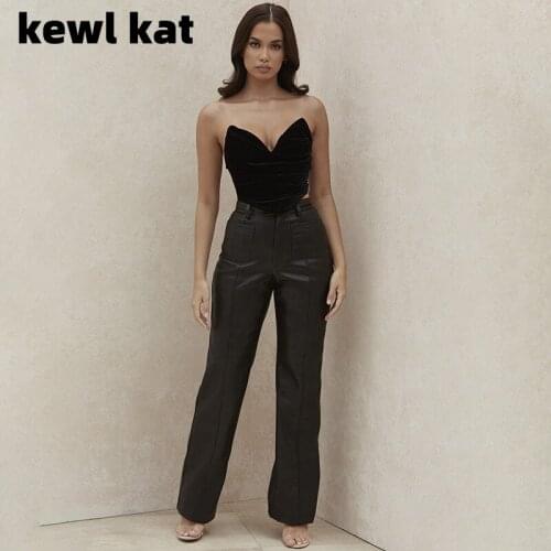 Black PU Leather Y2K Pants Womens Leisure Straight Pants 2021 Street Club Party Slim Punk Design Trousers Female Wide Leg Pants