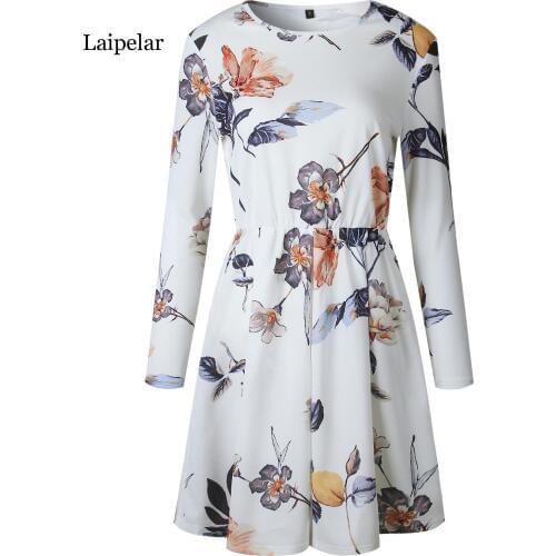 Laipelar 2019 Spring Summer Dress Women Casual O Neck Elastic Waist Slim Flower Printed Dress Beoho Beach Fashion Chiffon Dresse