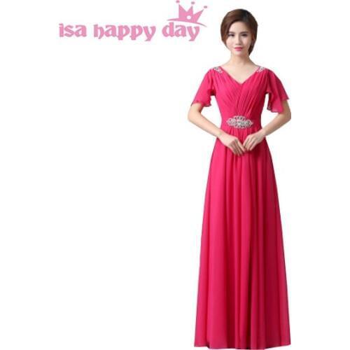 Modest brides maid hot pink ladies bridesmaid formal dresses elegant chiffon v-neck cap sleeved dress long H3492