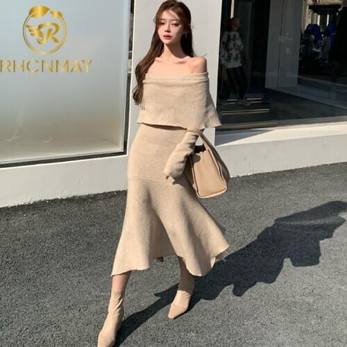 New Sexy Flat colla Slim Fit Irregular Knitted Dress Chic French Style Elegant Temperament Autumn Winter Dresses Women