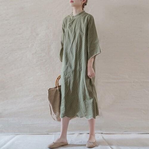 Johnature Cotton Vintage Women Dress Stand Three Quarter Sleeve Casual Cheongsam 2021 Summer New Chinese Style Elegant Dresses