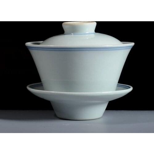 160ml Tureens With Lid Antique Porcelain Gaiwan Double Line Grey Glazed Ceramic Teacup Chinese Kung Fu Tea Set Tea Bowl