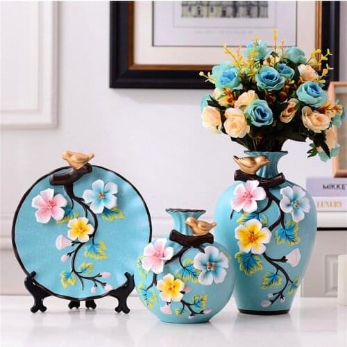 3 pcs /set High Quality Ceramic Vase hand-painted garden flower and bird Antique Porcelain Flower vases Wedding Home Decoration